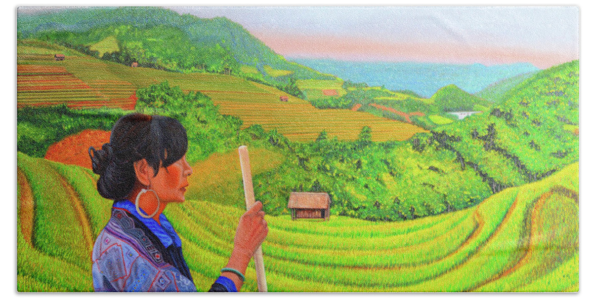 Black Hmong Hand Towel featuring the painting Green Destiny by Thu Nguyen