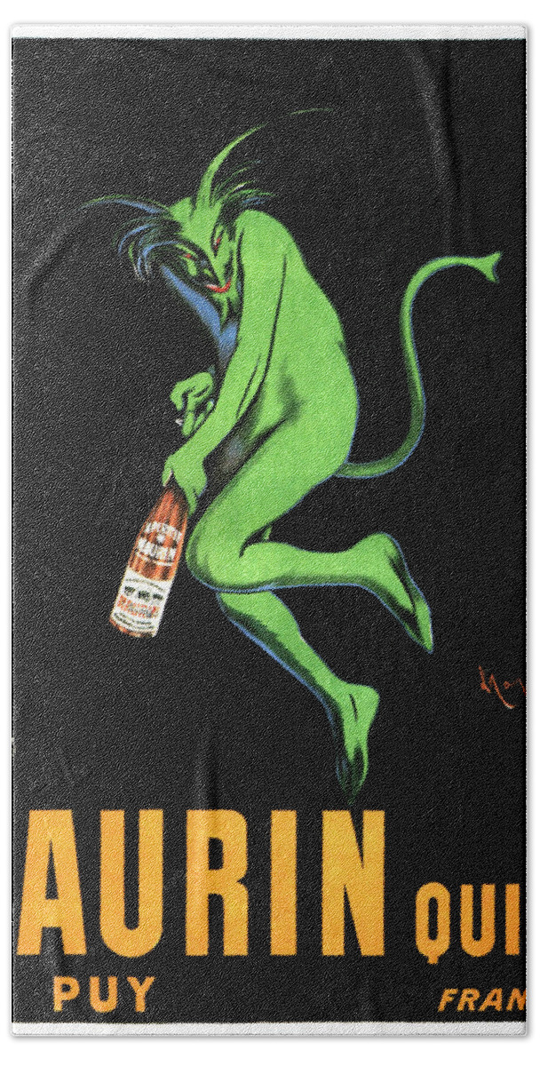 Green Devil Bath Towel featuring the mixed media Green Devil - Liqueur Le Puy Maurin Quina - Quina Aperitif - Vintage French Advertising Poster by Studio Grafiikka