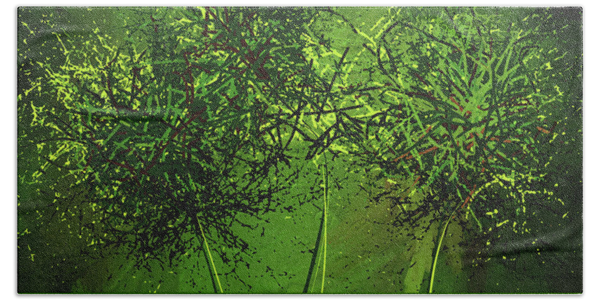 Green Bath Towel featuring the painting Green Explosions - Green Modern Art by Lourry Legarde
