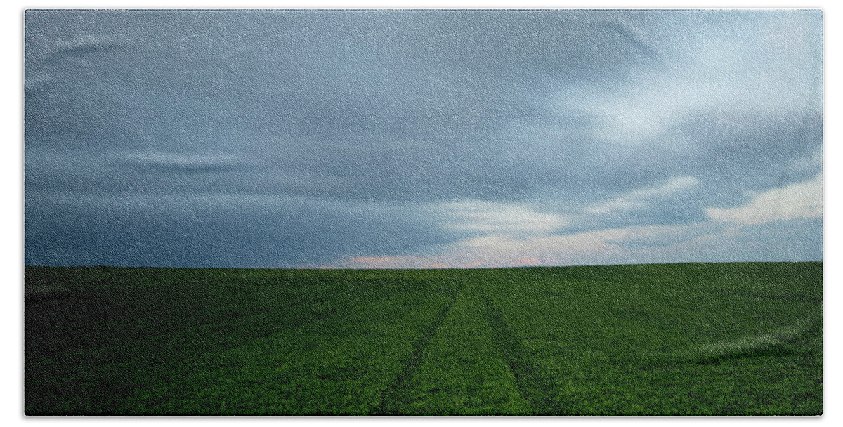 Freedom Bath Towel featuring the photograph Green field and cloudy sky by Michalakis Ppalis