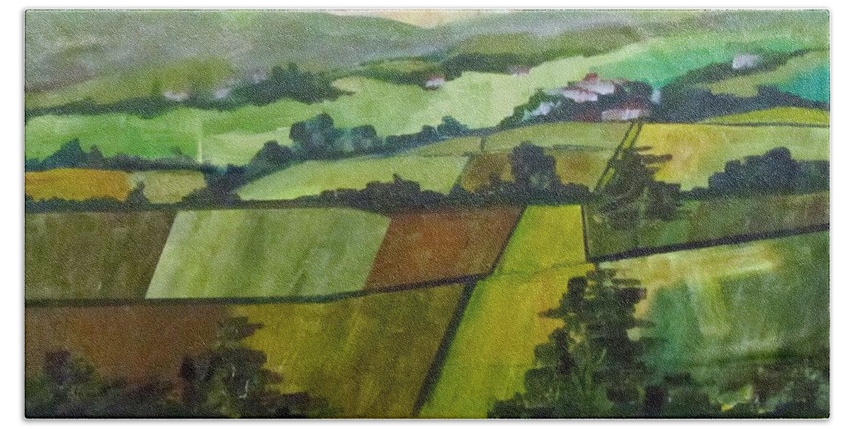Trees Bath Towel featuring the painting Green Fields by Barbara O'Toole