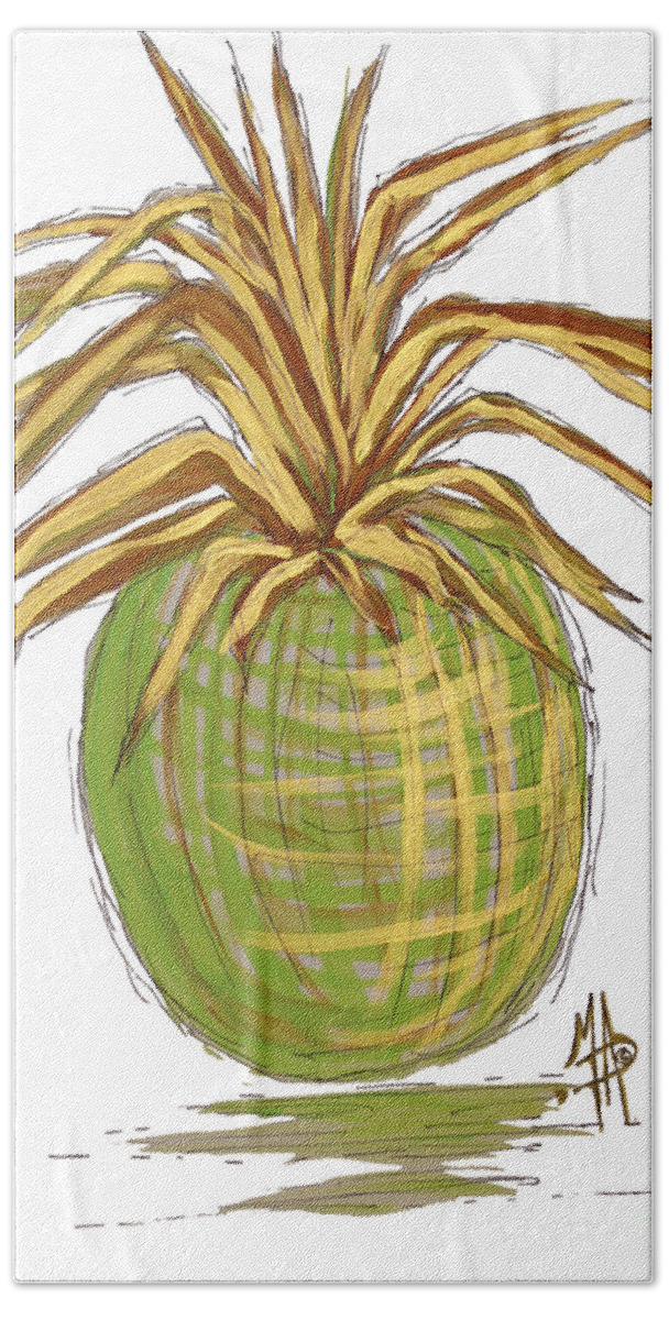Pineapple Bath Towel featuring the painting Green Gold Pineapple Painting Illustration Aroon Melane 2015 Collection by MADART by Megan Aroon