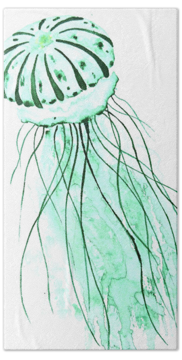 Painting Bath Towel featuring the painting Green Jellyfish Painting by Color Color