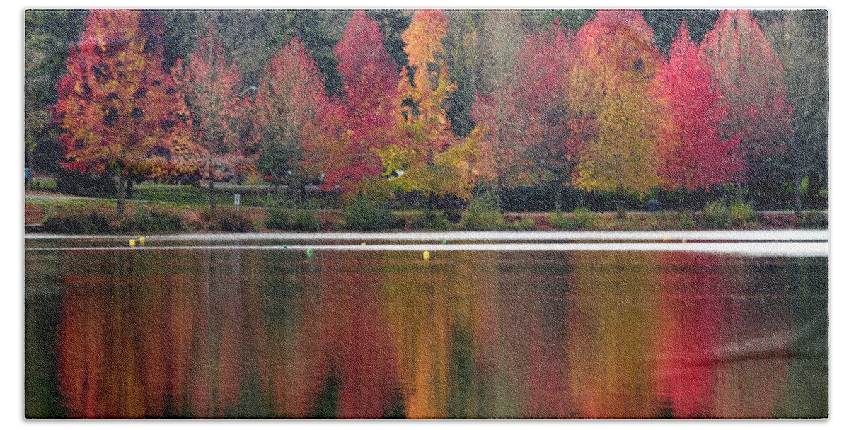 Landscape Bath Towel featuring the photograph Green Lake Autumn Reflection by Emerita Wheeling