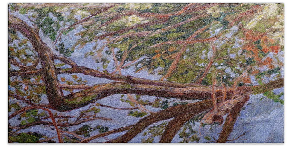 Encaustic Hand Towel featuring the painting Green lake tree by Stan Chraminski