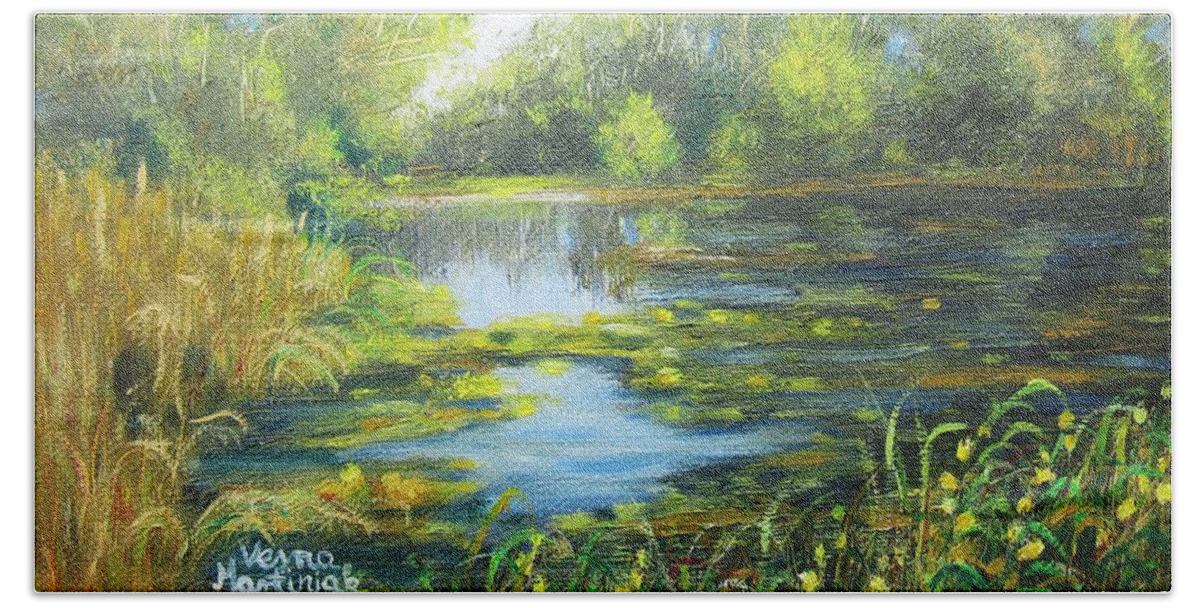 Landscape Bath Towel featuring the painting Green Lake by Vesna Martinjak
