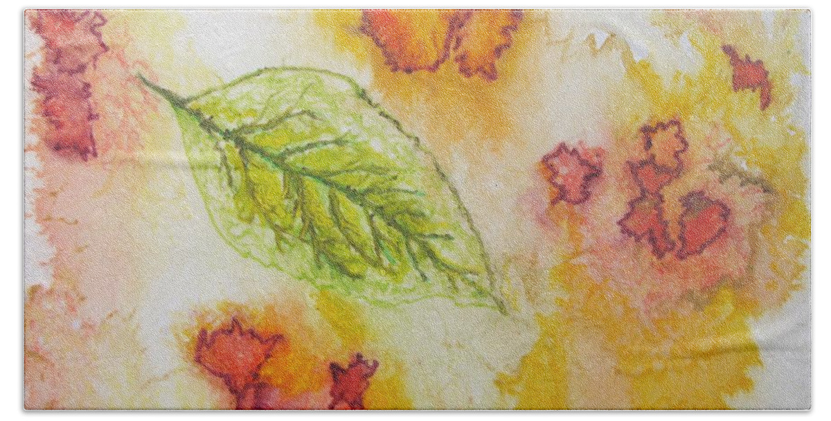 Nature Hand Towel featuring the painting Green Leaf of Fall by Patricia Arroyo