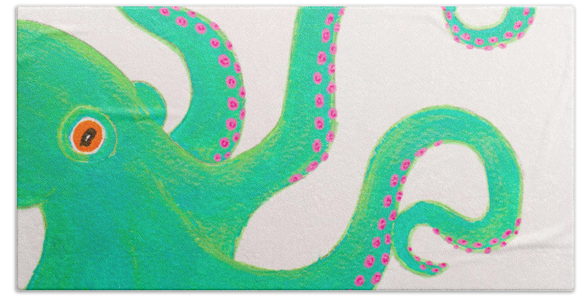 Octopus Bath Towel featuring the painting Green octopus by Stefanie Forck