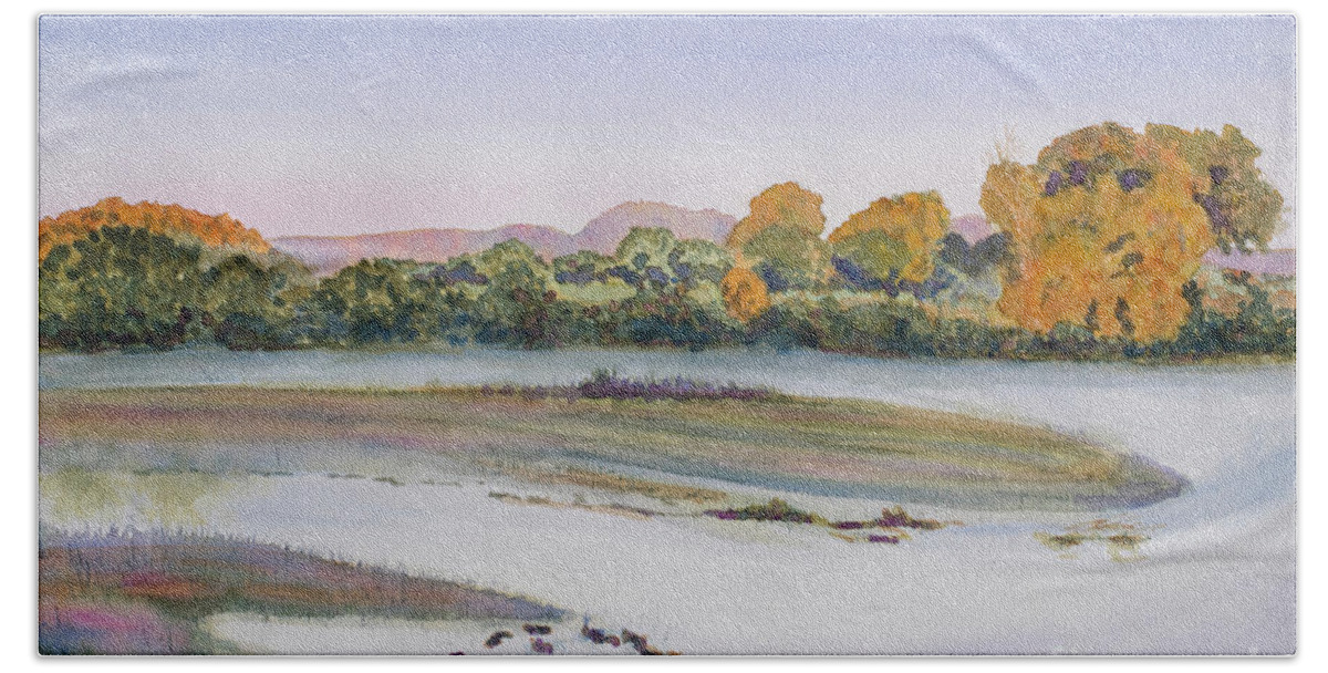 Watercolor Bath Towel featuring the painting Green River Morning by Jackie MacNair
