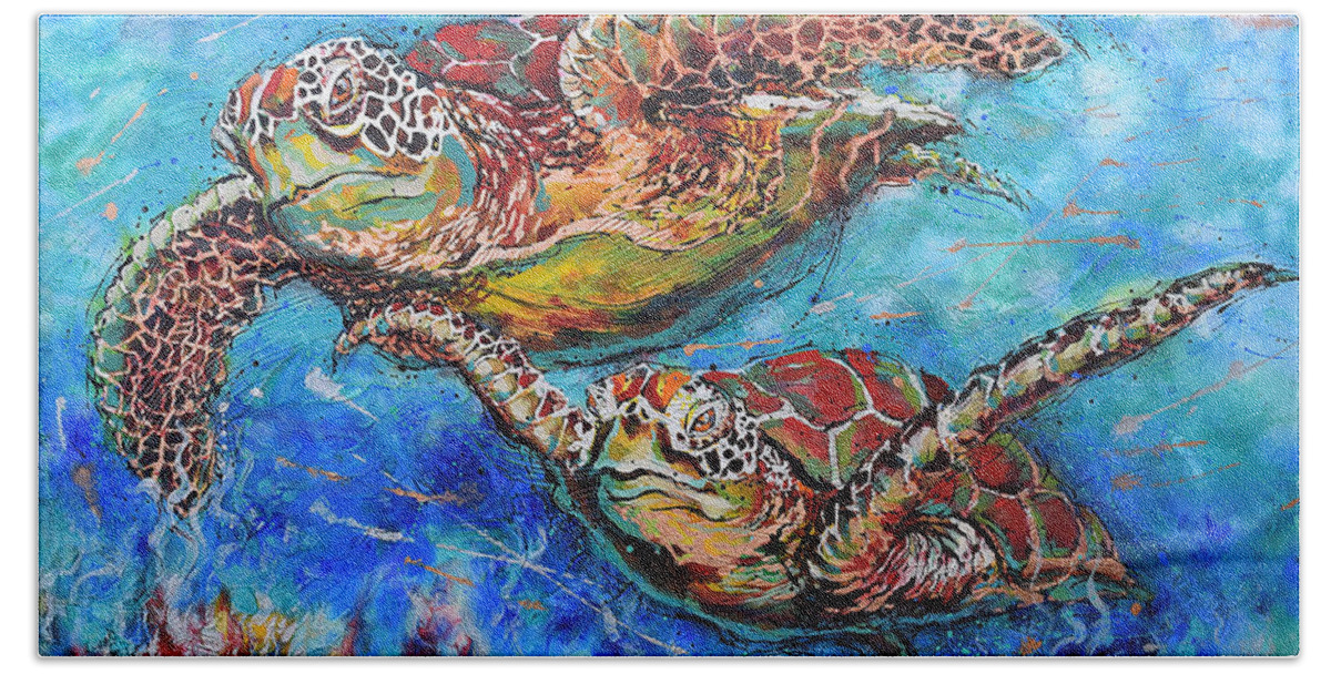 Marine Turtles Bath Towel featuring the painting Green Sea Turtles by Jyotika Shroff
