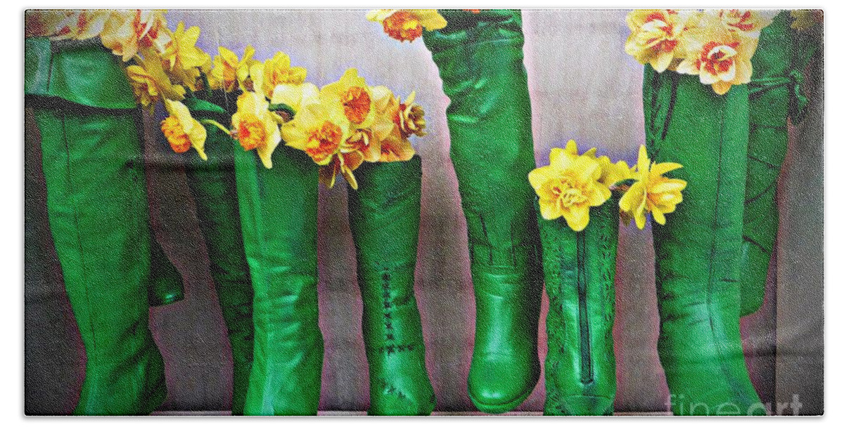 Spring Hand Towel featuring the photograph Green Shoes for Yellow Spring Flowers by Amalia Suruceanu
