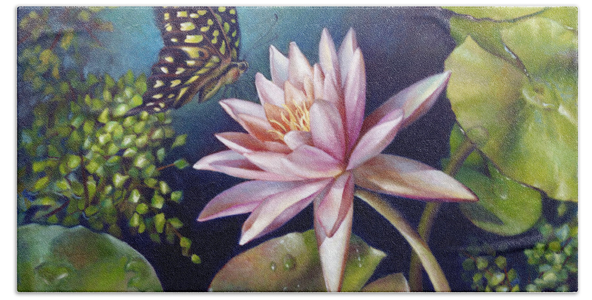 Water Lily Hand Towel featuring the painting Green Tailed Jay Butterfly and Water Lily by Nancy Tilles