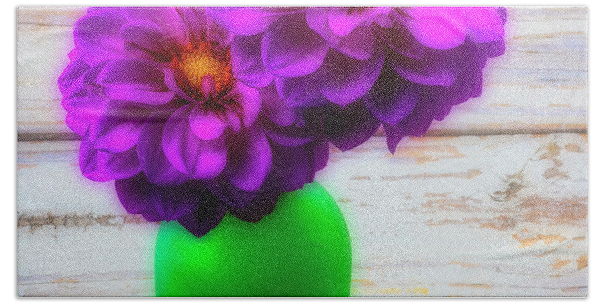 Color Bath Towel featuring the photograph Green Vase And Dahlias by Garry Gay