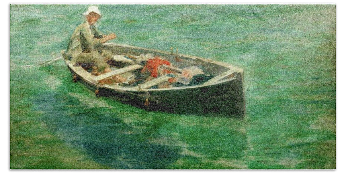 Green Bath Towel featuring the painting Green Waters by Henry Scott Tuke