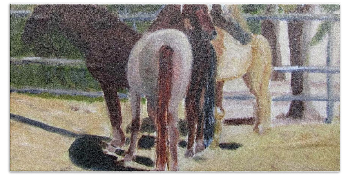 Horses Hand Towel featuring the painting Gregory and his mares by Linda Feinberg