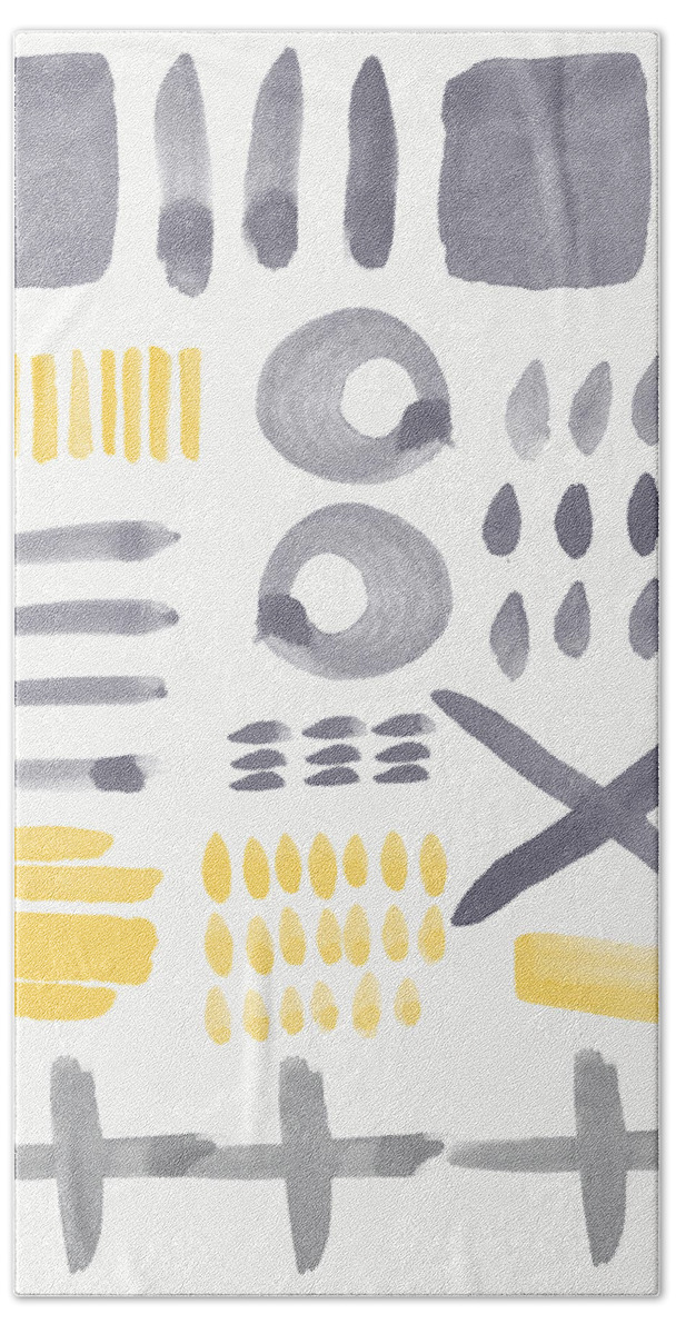 Grey And Yellow Bath Sheet featuring the painting Grey and Yellow Shapes- abstract painting by Linda Woods