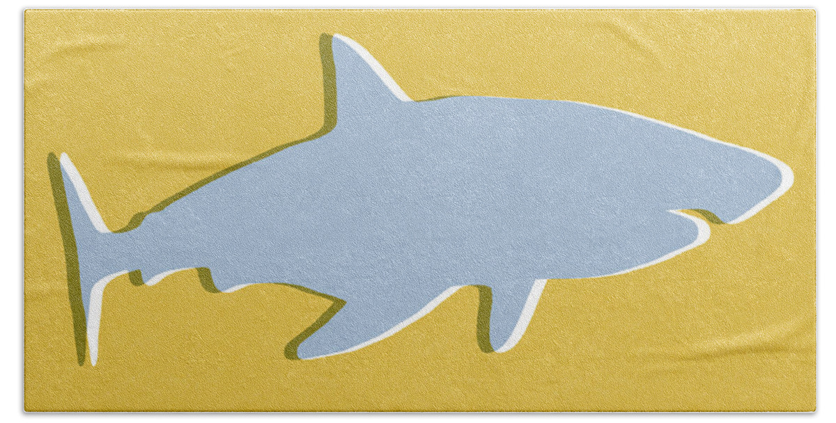 Shark Bath Sheet featuring the mixed media Grey and Yellow Shark by Linda Woods