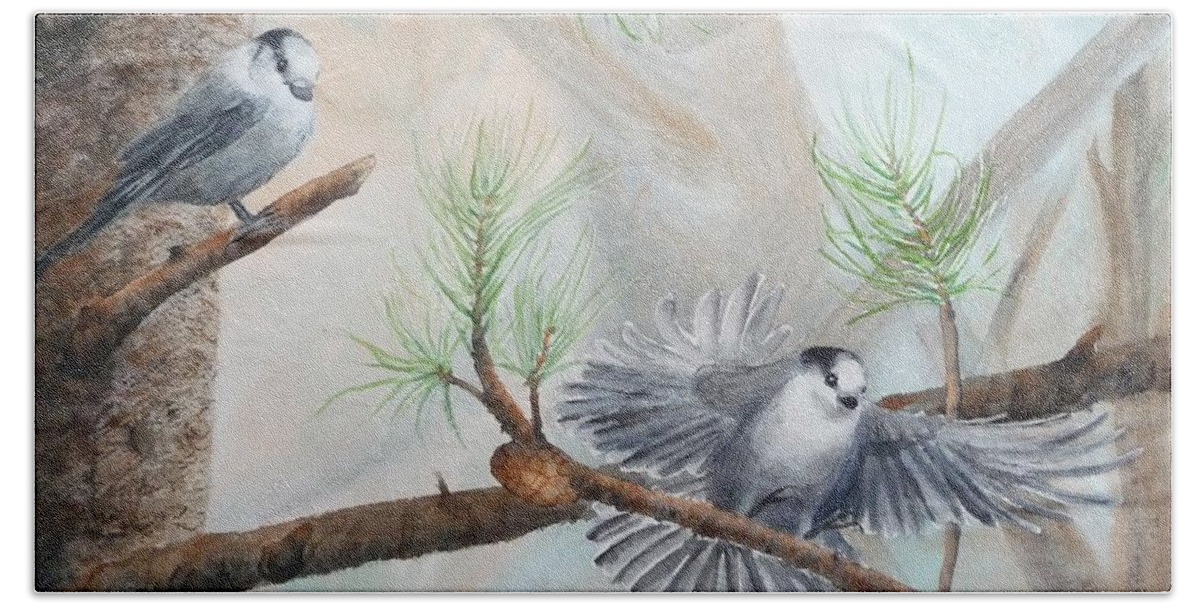 Grey Jay Bath Towel featuring the painting Grey Jays in a Jack Pine by Ruth Kamenev