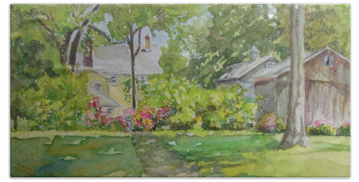Green Hand Towel featuring the painting Griswold House View From the River by B Rossitto