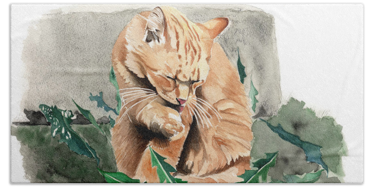 Cat Hand Towel featuring the painting Grooming Time by Louise Howarth
