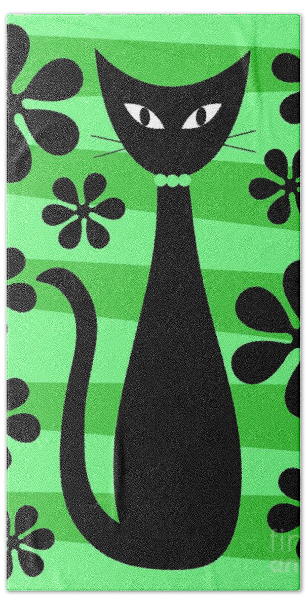 Donna Mibus Bath Towel featuring the digital art Groovy Flowers with Cat Green and Light Green by Donna Mibus