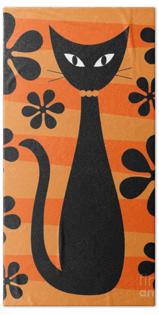 Donna Mibus Bath Towel featuring the digital art Groovy Flowers with Cat Orange and Light Orange by Donna Mibus