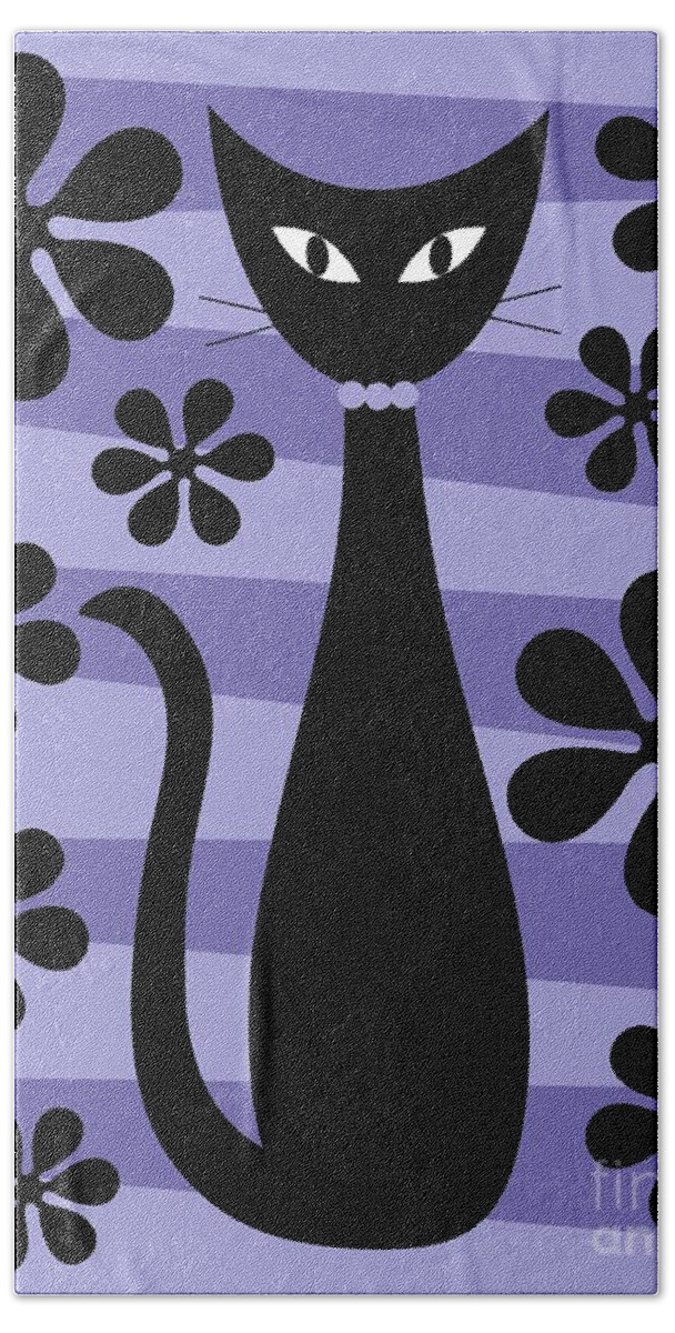 Donna Mibus Bath Towel featuring the digital art Groovy Flowers with Cat Purple and Light Purple by Donna Mibus