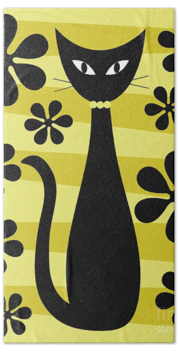 Donna Mibus Bath Towel featuring the digital art Groovy Flowers with Cat Yellow and Light Yellow by Donna Mibus