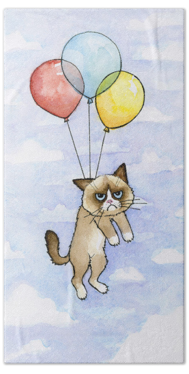Grumpy Bath Towel featuring the painting Grumpy Cat and Balloons by Olga Shvartsur