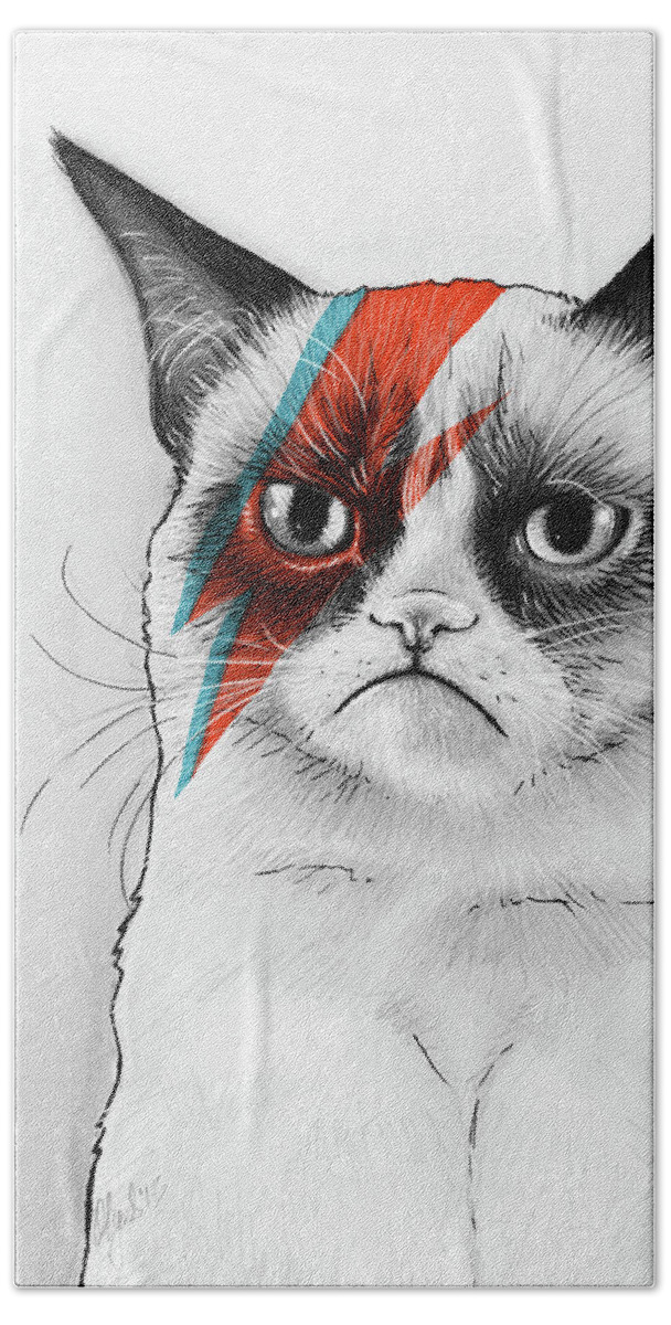 Grumpy Cat Bath Sheet featuring the drawing Grumpy Cat as David Bowie by Olga Shvartsur