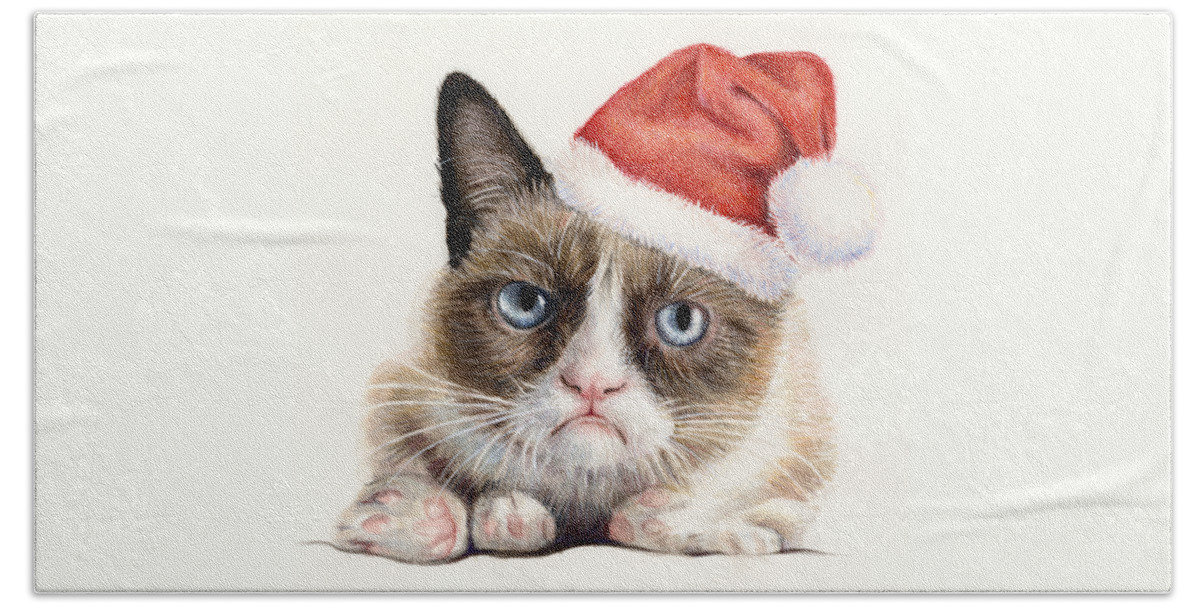 Grumpy Bath Towel featuring the painting Grumpy Cat as Santa by Olga Shvartsur
