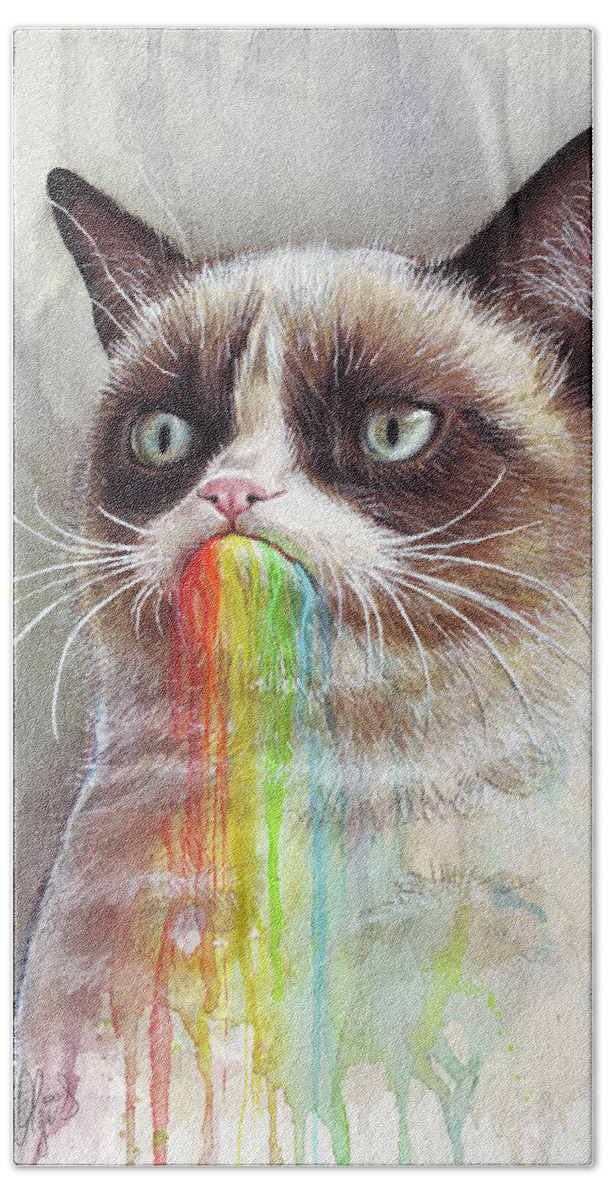 Grumpy Cat Hand Towel featuring the painting Grumpy Cat Tastes the Rainbow by Olga Shvartsur