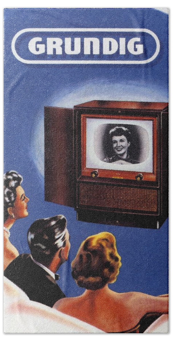 Vintage Hand Towel featuring the mixed media Grundig - German Company - Vintage Advertising Poster by Studio Grafiikka