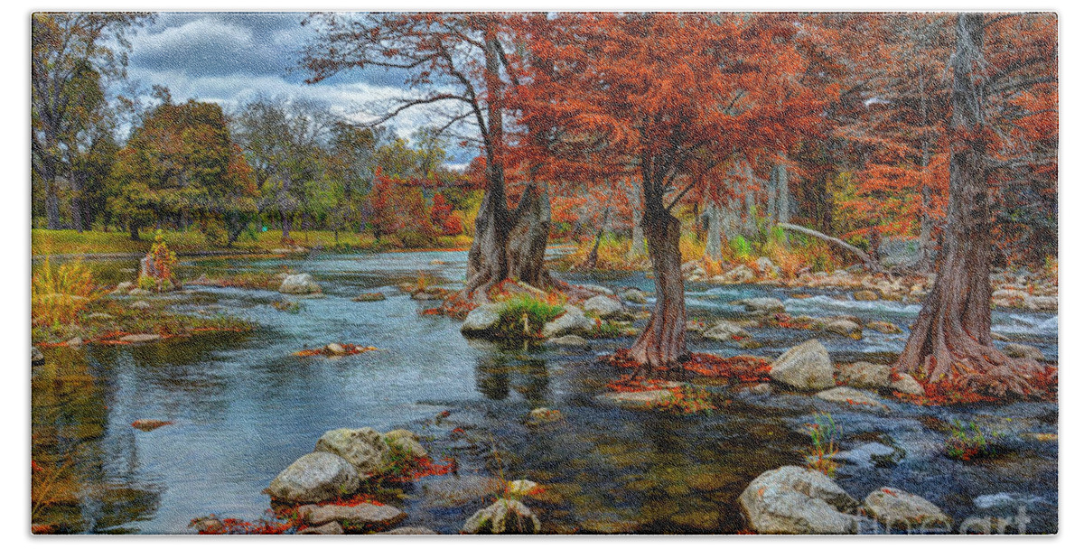 Guadalupe River In Autumn Bath Towel featuring the photograph Guadalupe River in Autumn by Savannah Gibbs