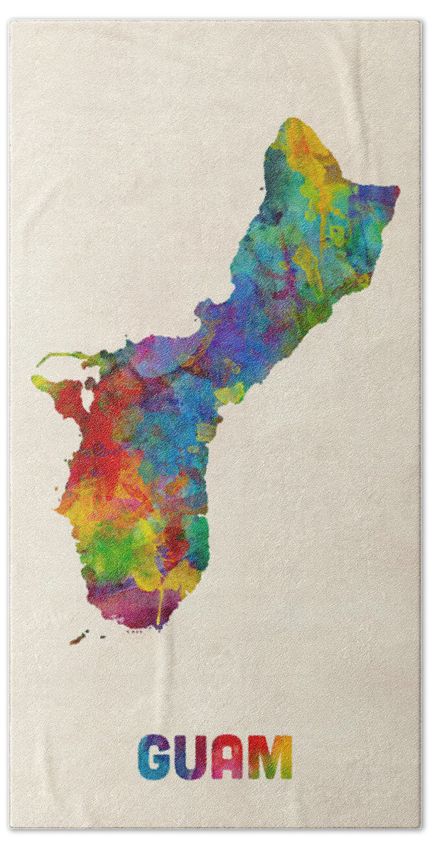 Map Art Hand Towel featuring the digital art Guam Watercolor Map by Michael Tompsett
