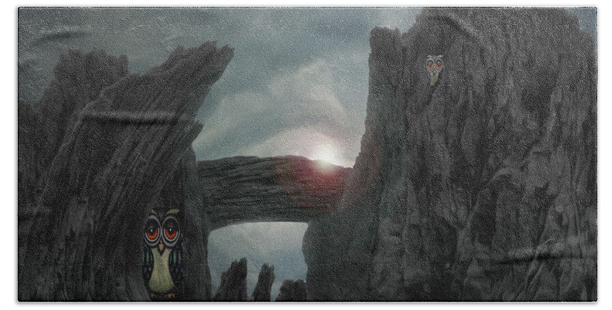 Landscape Bath Sheet featuring the painting Guard Owls in Devil's Canyon by Elaine Plesser