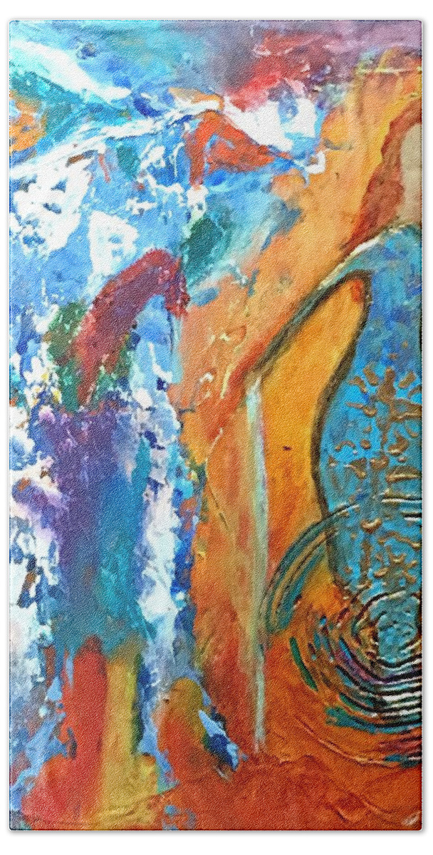 Abstract Hand Towel featuring the painting Guardian of Rainbow Light by Mary Mirabal