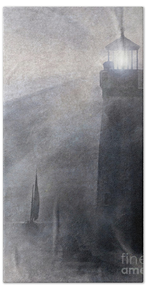 Lighthouse Bath Towel featuring the photograph Guiding Light Distressed by Stephanie Laird