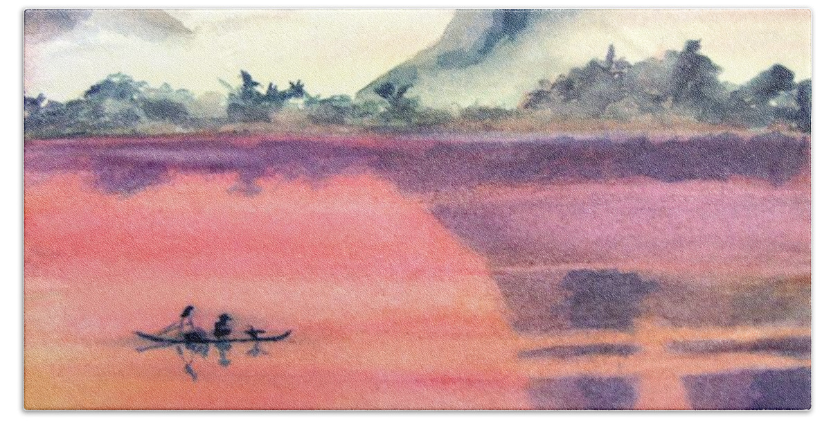 Landscape Bath Towel featuring the painting Guilin Dawn by Petra Burgmann