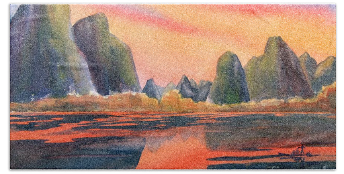 Guilin Bath Towel featuring the painting Guilin Sunset by Petra Burgmann