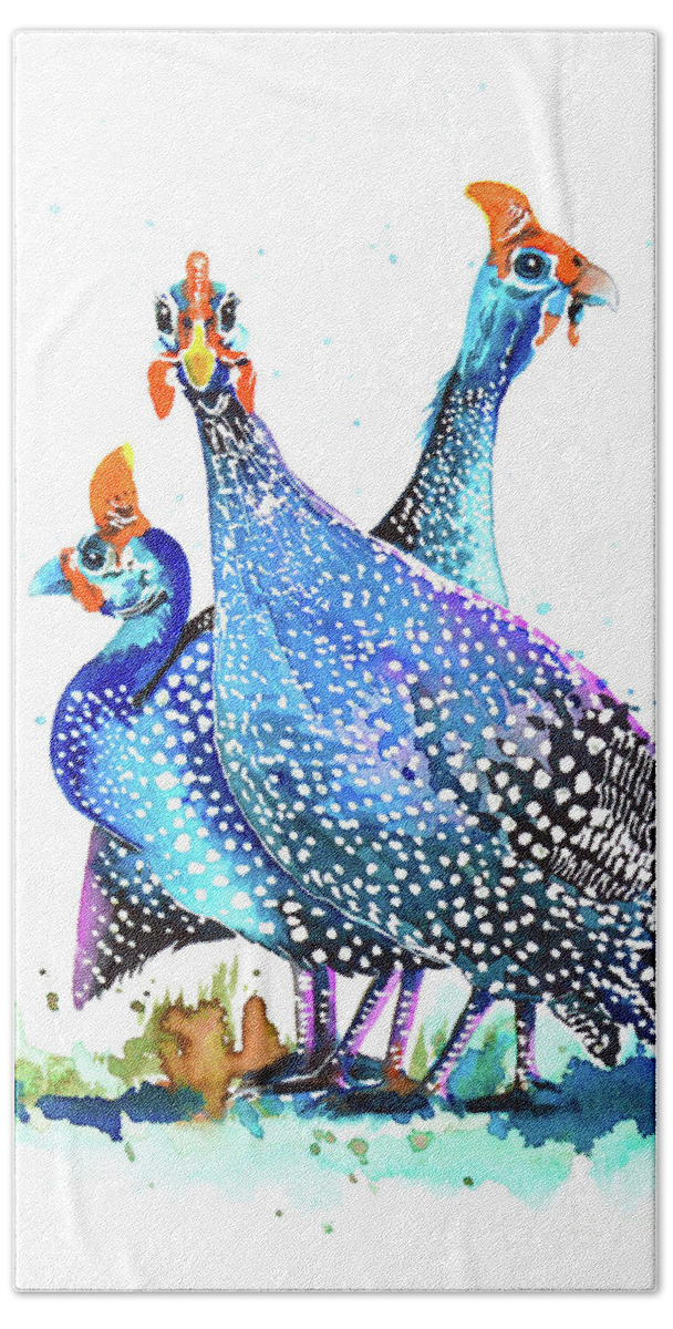 Guinea Fowl Bath Towel featuring the painting Guinea Fowls by Zaira Dzhaubaeva