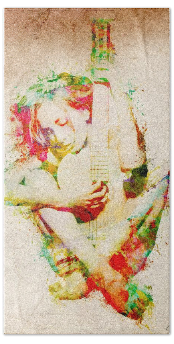 Guitar Hand Towel featuring the digital art Guitar Lovers Embrace by Nikki Smith