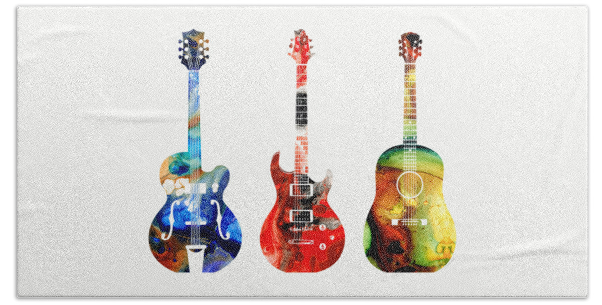 Guitar Bath Towel featuring the painting Guitar Threesome - Colorful Guitars By Sharon Cummings by Sharon Cummings