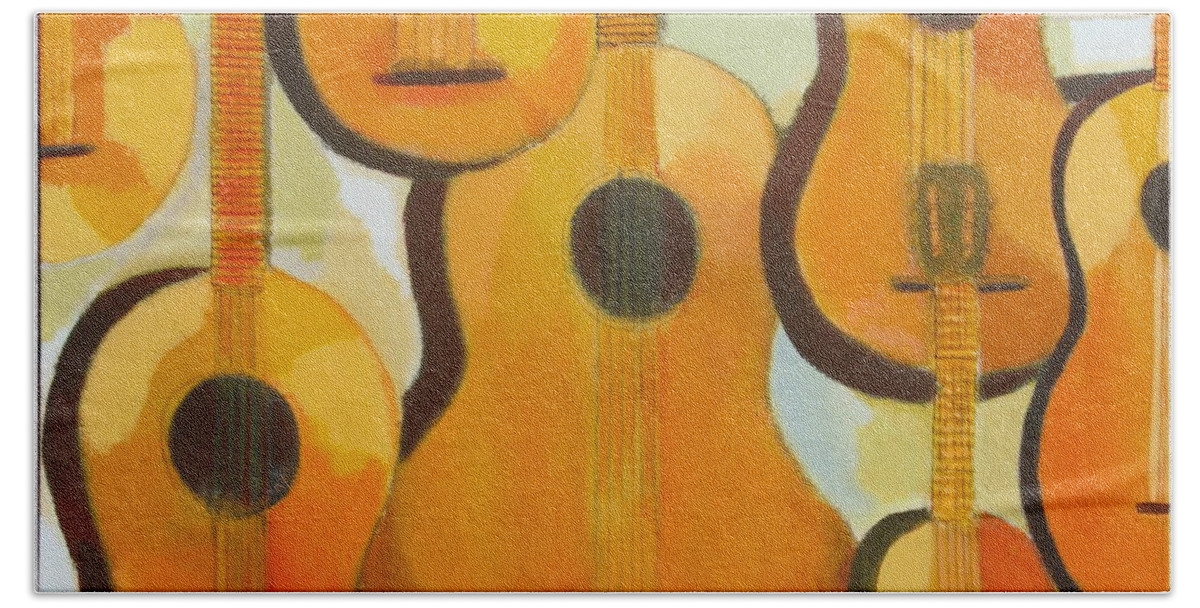 Abstract Hand Towel featuring the painting Guitars by Habib Ayat