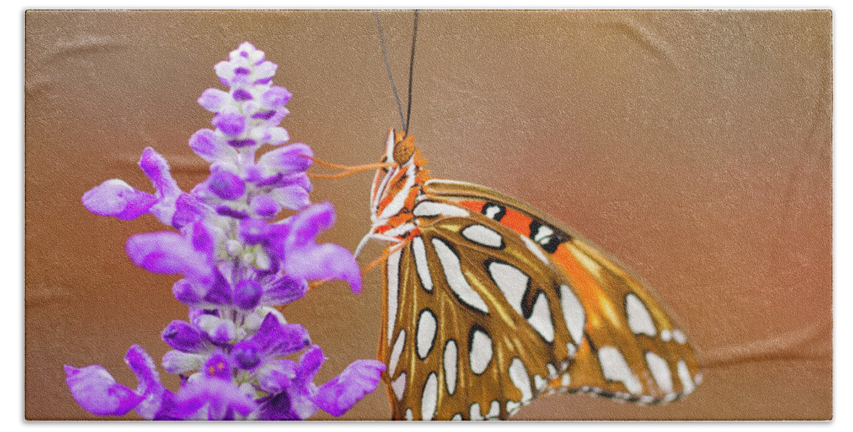 Butterfly Bath Towel featuring the photograph Gulf Fritillary by Shelley Neff