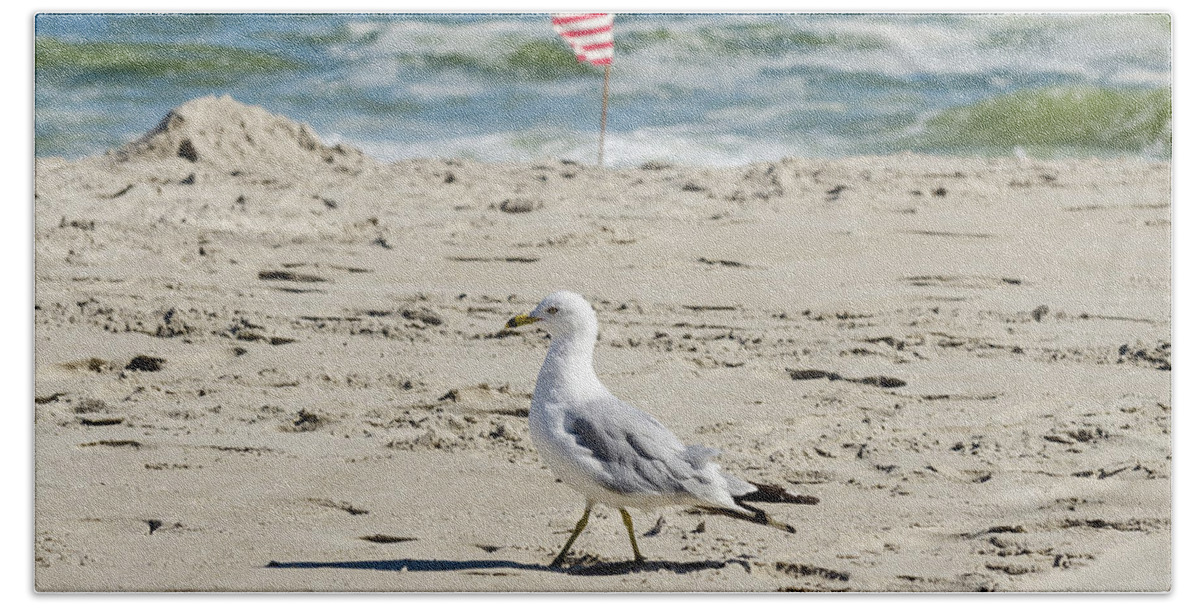 Beach Hand Towel featuring the photograph Gull and Flag Rockaway Beach by Maureen E Ritter