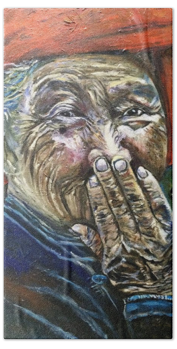 Old Woman Hand Towel featuring the painting H A P P Y by Belinda Low