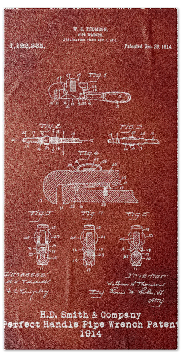 H D Smith Bath Towel featuring the digital art H. D. Smith Perfect Handle Pipe Wrench Patent White on Red by David Smith