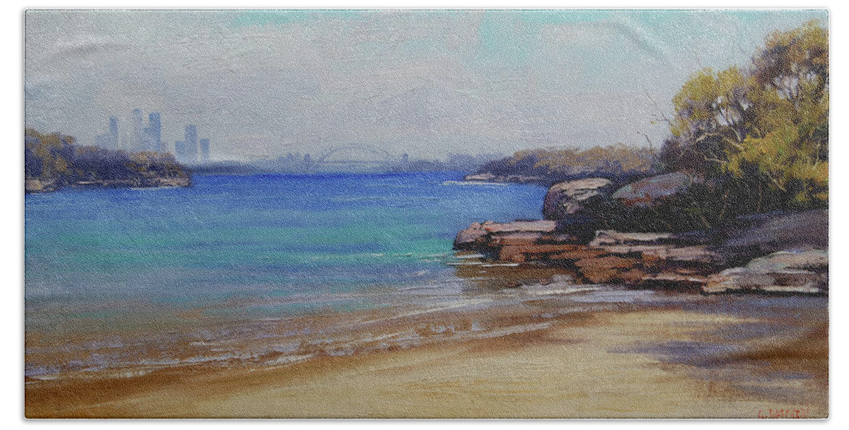 Nature Hand Towel featuring the painting Habour Beach Sydney by Graham Gercken