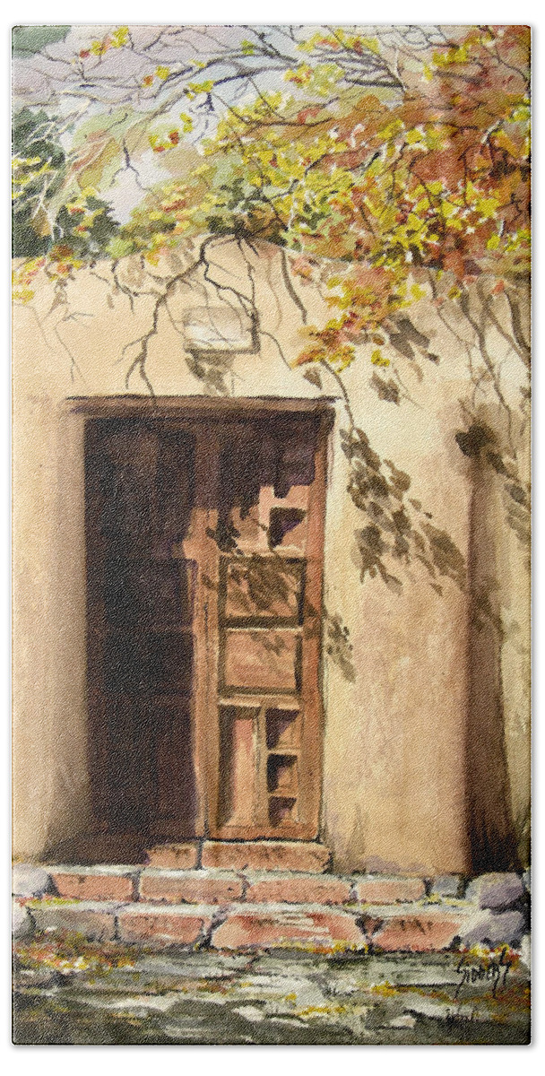 Door Bath Towel featuring the painting Hacienda Gate by Sam Sidders